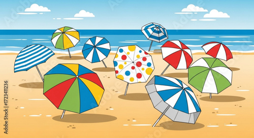 Illustration depicting a sandy beach scene with several colorful umbrellas and a calm blue ocean background