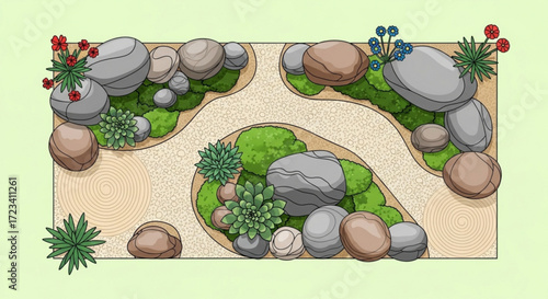 Overhead view of a zen garden featuring rocks, succulents, moss, gravel paths, and flower accents