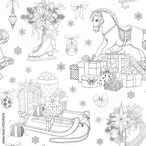 Christmas Vintage seamless pattern rocking horse sled skates fir wreath holly gifts bells balls snowflakes Vector background for design package, new year decor, wrapping paper. Hand drawn black white