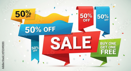 Colorful sale advertisement featuring fifty percent off and buy one get one free promotional offers banner