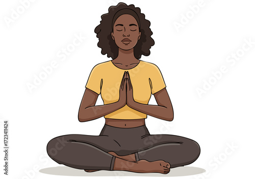 A serene Black woman meditates in a seated position, palms together, exuding balance and tranquility. Soft colors and a minimalist background create a calming visual.
