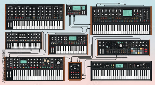 Illustration showcasing multiple synthesizers and audio equipment interconnected with black cables neatly arranged