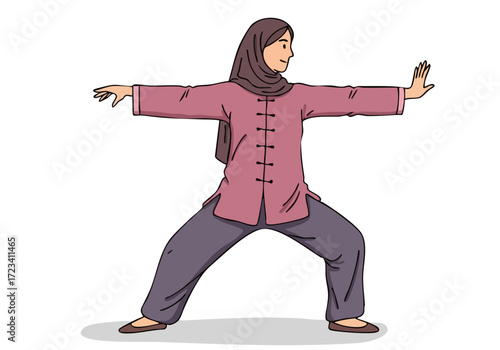 A serene woman practices Tai Chi in a flowing posture, embodying fortitude.  Clear composition, soft colors, and a focused expression. Ideal for wellness and mindfulness themes.