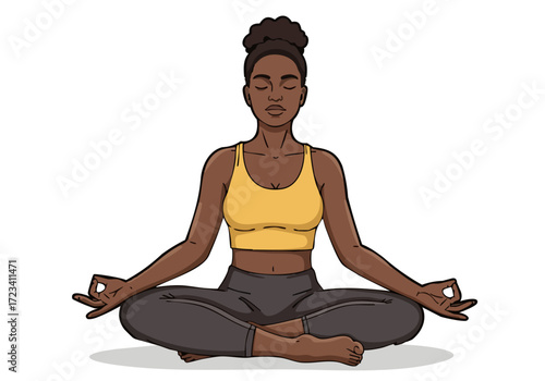 A serene Black woman meditates in a relaxed pose, embodying mindfulness and wellness. Soft lighting and a neutral background create a calming visual.