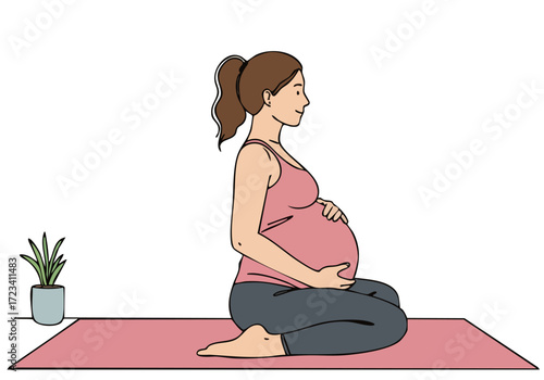 A serene pregnant woman practices yoga, embodying grace and wellness. Soft lines and a calming color palette create a visually appealing image for Women?s Health Day.
