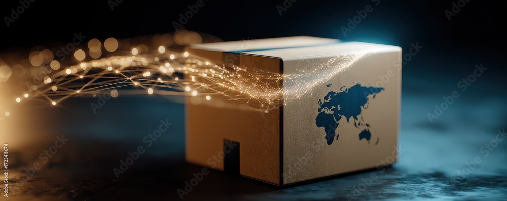 Obraz premium A shipping box with a world map design, symbolizing global logistics and e-commerce in a digital era.