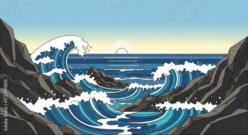 Illustration of ocean waves crashing against rocky cliffs at sunset with a serene and peaceful vibe