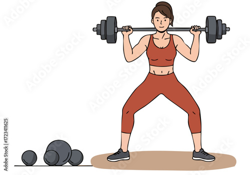 Strong woman performs a barbell squat, embodying Women's Health Day. Dynamic illustration with a modern, minimalist style.  ?Lift the Legacy? campaign.