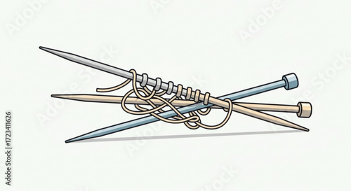 Illustration of crossed knitting needles with yarn loops and stitches in a crafting scene image view