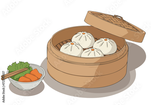 stylish bamboo steamer holds fluffy bao buns alongside a side dish  -Balid- showcases a delicious traditional Indonesian food scene  Perfect for food blogs and culinary visuals