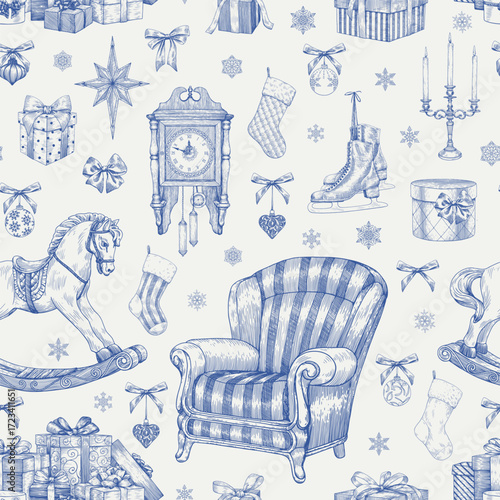 Toile Christmas seamless pattern gift boxes rocking horse clock star toys bows snowflakes skates armchair. Vintage vector background for design package, wrapping paper. Blue beige Hand drawn engraved