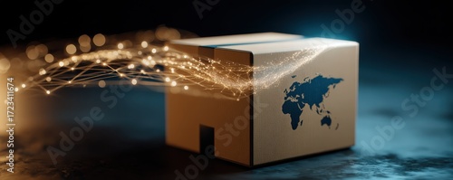 A shipping box with a world map design, symbolizing global logistics and e-commerce in a digital era.