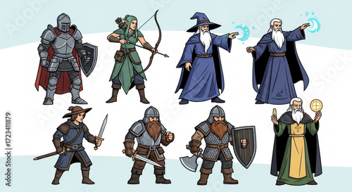 Illustration of a knight, elf, wizards, rogue, and dwarves standing in a group on a white background