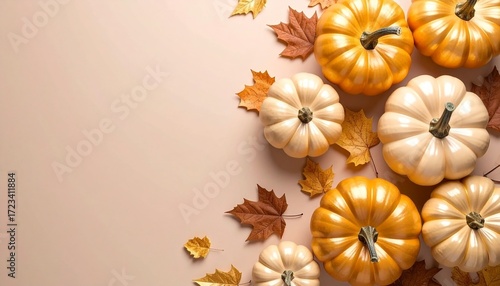 Harvest display of orange and white pumpkins arranged with autumn leaves on a soft background in a seasonal decor setting