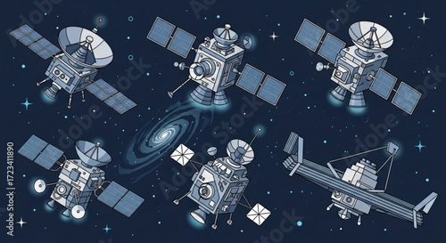 Illustration depicting multiple satellites with solar panels and a galaxy in a dark blue space scene