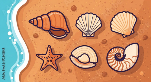 Illustration of seashells and a starfish scattered on a sandy beach near the ocean water edge view from above