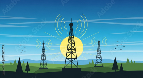 Illustration of three transmission towers emitting signals against a bright sun and blue sky landscape
