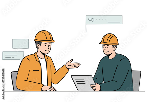 Two construction workers discuss a supply deal at a table, showcasing a contract.  Bright, professional illustration.  Focus on collaboration and business.