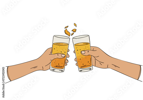 Two hands raise glasses of amber liquid celebrating 'Serenity' stylized illustration evokes Bali Interfood suggesting a refreshing and tranquil experience Clean lines and a muted color palette