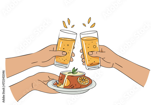 Two hands raise glasses of orange juice, sharing a plate of fruit. The scene evokes a feeling of serenity and enjoyment.  Bright, cheerful, and inviting.