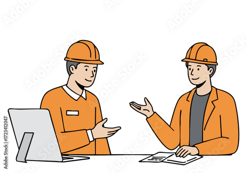 Two construction workers discuss a supply deal at a desk. Clear composition, professional setting, bright colors. Ideal for business and construction themes.