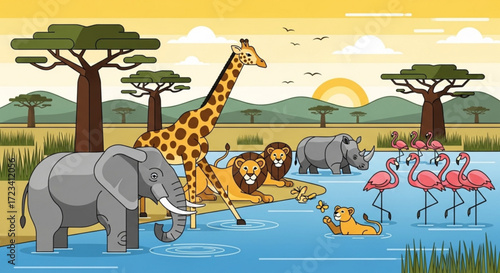 A vibrant african scene with an elephant giraffe lions rhino flamingos and a beautiful sunset view