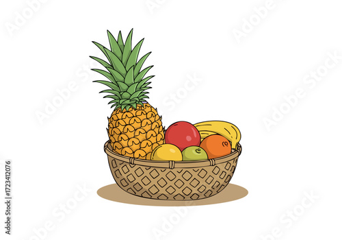vibrant fruit basket overflowing with tropical delights sits in a woven basket Bright colors and playful illustration style create a cheerful appealing image perfect for food lifestyle or marketing
