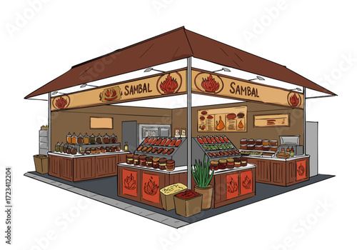 vibrant Sambal stall showcases a colorful array of sauces and spices The detailed design and warm lighting create an inviting commercial display Perfect for food market or business themes