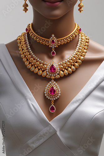 authentic & traditional Sri lankan style Ultra realistic product photo of a luxury jewellery full necklace made of gold, featuring ruby. Captured in professional studio lighting with sharp focus, 8K 