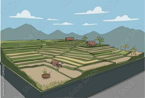 Vibrant terraced rice paddies cascade down hillside under a blue sky A traditional Asian village sits nestled amongst the fields -Rice the Roots- text overlay Scenic detailed landscape
