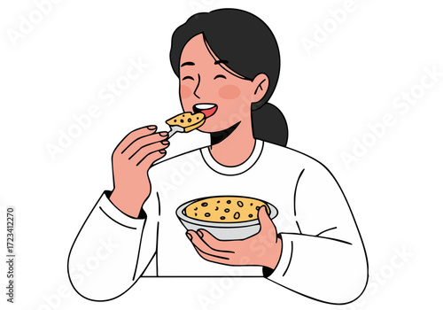 A woman enjoys vegan cheese bliss, savoring a spoonful with a contented smile. Warm, inviting, and visually appealing. Perfect for food and lifestyle content.