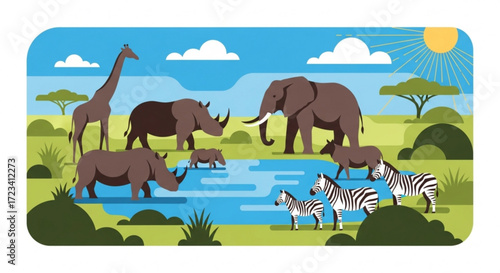 Illustration of african wildlife featuring zebras rhinos elephants giraffe and other animals near water