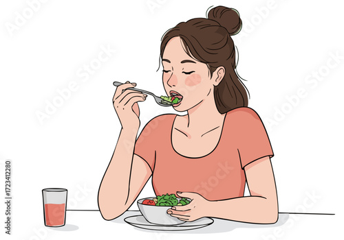 woman enjoys a healthy salad meal radiating joy and nutrition Clean bright composition with a focus on fresh food and a positive lifestyle Perfect for health & wellness content