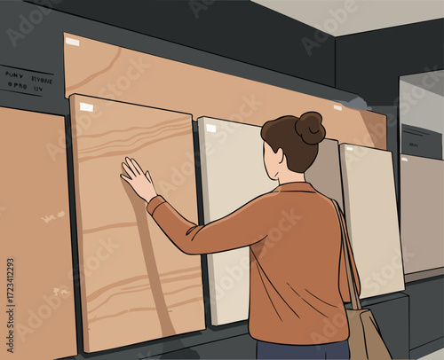 A woman examines textured tiles at a stone display, experiencing the material's feel.  Close-up, showcasing tactile design and product selection.  Modern showroom setting.
