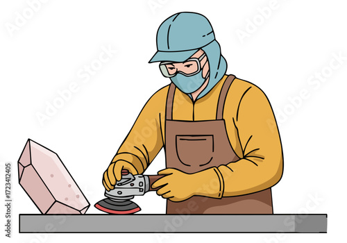 A worker polishes quartz with a grinder, showcasing a gleaming surface. Focused action, professional setting, and clear composition for commercial use.
