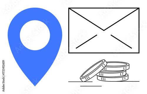 Blue location pin, envelope, and stack of coins symbolize navigation, communication, finance, and digital services. Ideal for delivery, payment, e-commerce marketing logistics startup simple flat