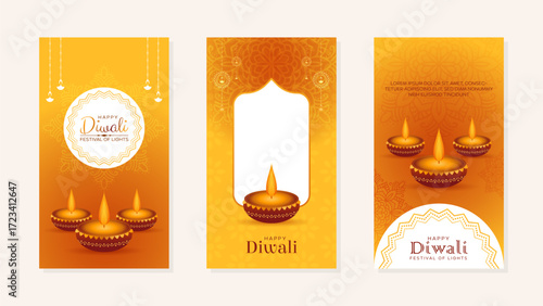 Happy Diwali social media story temlpate set. Diwali festival stories, poster, banner and flyer vector illustration
