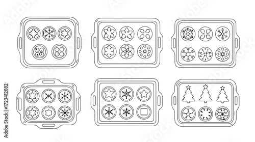 Collection of hand drawn baking trays filled with various delicious cookies and pastries in outline style silhouette