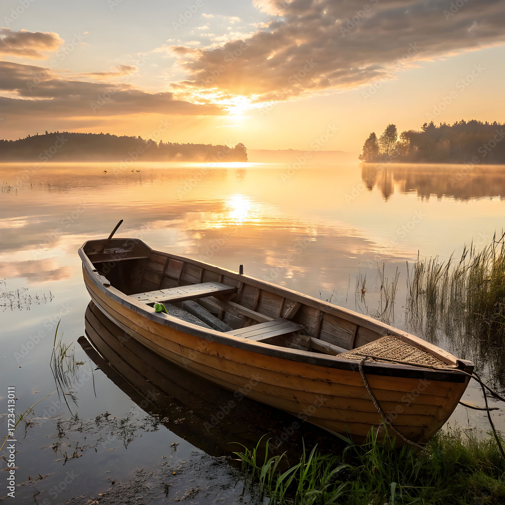 Obraz premium A wooden rowboat rests on a calm lake at sunrise, evoking peace, reflection