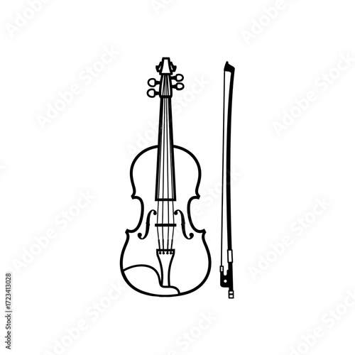 Minimalist outline of a violin and bow on a white background
