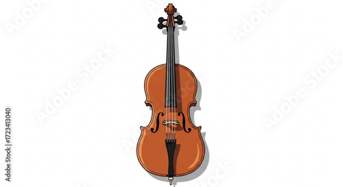 Illustration depicting a brown cello with black strings and tuning pegs against a white background space