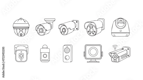 Collection of diverse security camera icons and illustrations for surveillance systems silhouette