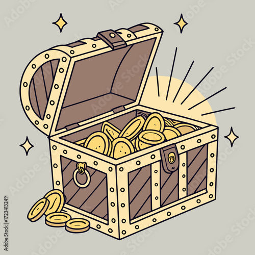 Antique, open wooden treasure chest with gold coins, isolated on a white background