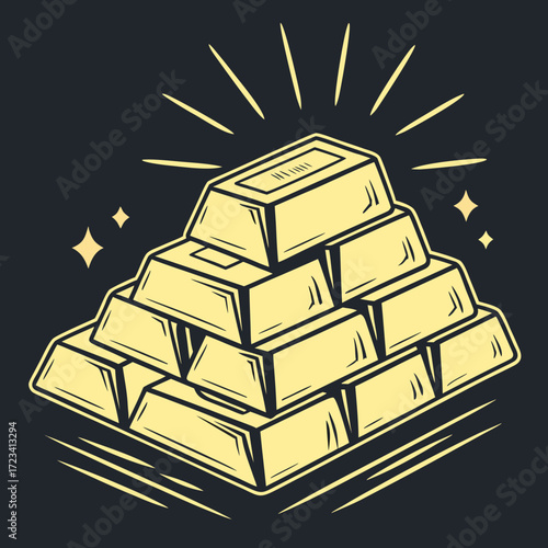 A shiny golden pyramid and a stack of gold bars symbolize wealth and finance