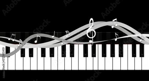 Piano keyboard with black and white keys and musical notes flowing above in a wave like pattern