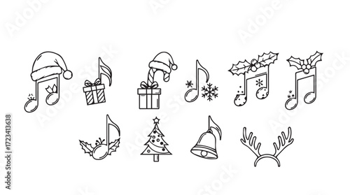 Hand drawn festive christmas music notes and symbols set doodle art collection silhouette
