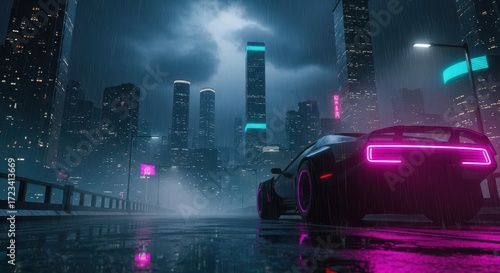 Cyberpunk Cityscape with Futuristic Car in Neon Rain