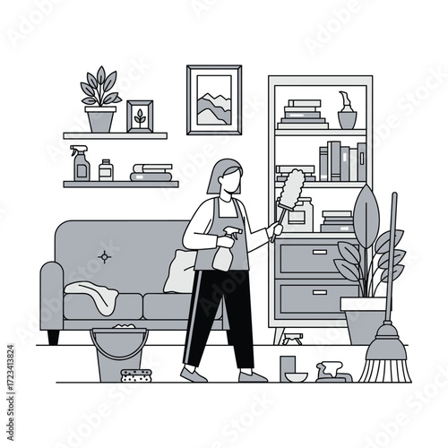 High-Quality Flat Vector Illustration: Woman Cleaning Modern Living Room