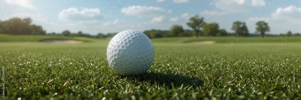 Obraz premium Captivating close-up of a pristine golf ball resting on lush green grass, ready for the perfect swing on a sunny day.