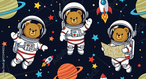 Cute teddy bear astronauts explore space with rockets and planets inspiring childhood dreams